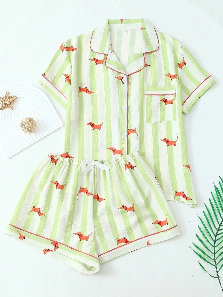 

Womens White Green Striped Cartoon Dog Print Short Sleeve Pajama Set For Home Spring Summer