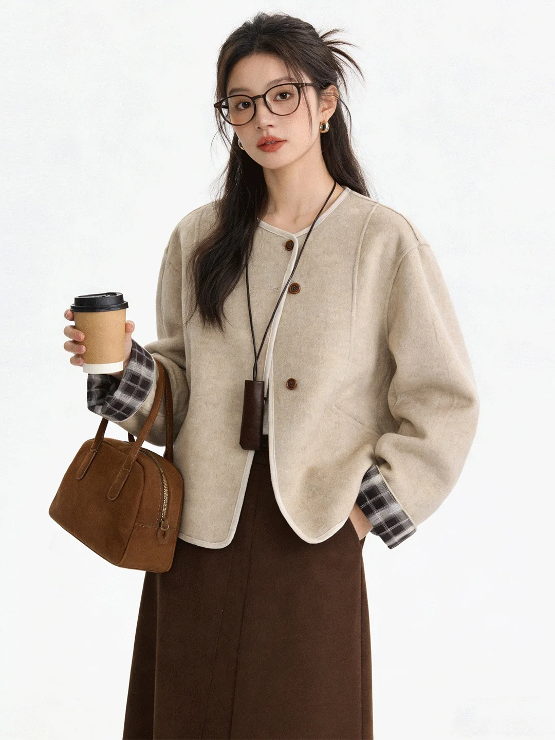 Korean Retro Double-Sided Woolen Plaid Color Block Short Coat High-End Early Spring New Style Young Women's Fashion Outerwear