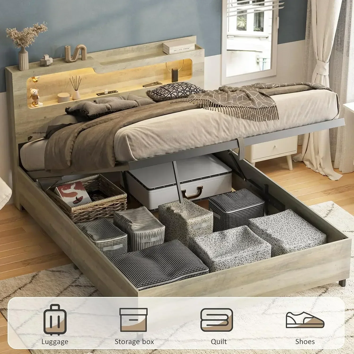 [Begrenztes Malangebot + kostenloser Versand! ]Queen-Size-Bettgestell mit hochklappbarer Stauraum und Ladestation, 2-stufiger Kopfteil