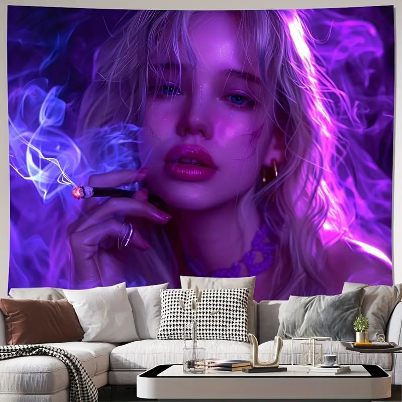 VIKAMA Purple Neon Smoke Cool and Spicy Girl Portrait Tapestry Background Hanging Fabric Y2K Subcultural Room Decoration