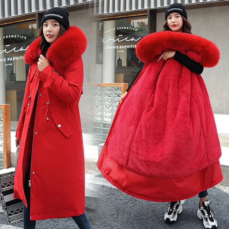 Women Winter Jacket Hooded X-Long Thick Faux Fur Padded Parkas Distachable Plus Size Coat Windbreaker Female Black Red Outerwear