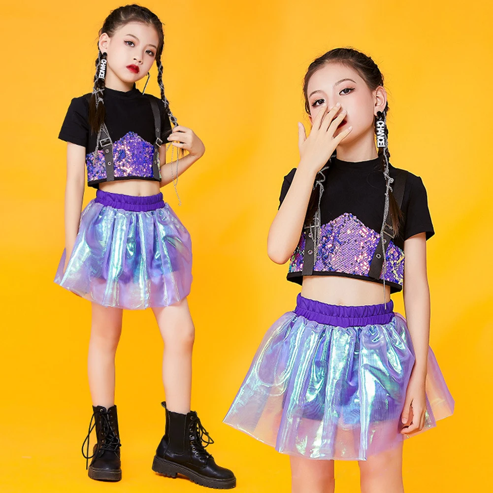 LOlanta Child White Pink Sequins Cropped Top Skirt Shorts Dance Clothing Kids Jazz Hip-hop Performance Costume Summer Wear