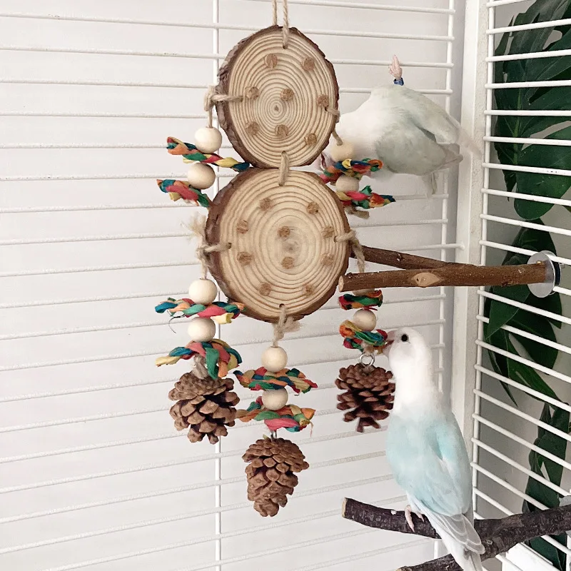 Parrot Chew Toys Set Corn Husk Pinecone String Log Wood Blocks for Cockatiel Lovebird Budgie Pet Bird Chewing Biting Accessories