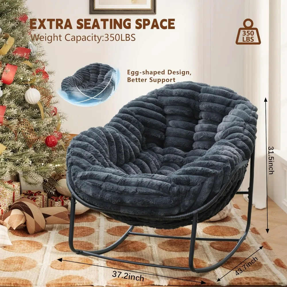 Outdoor Rocking Chair, Patio Wicker Egg Chair, Indoor Comfy Oversized Papasan Chair with Padded Cushion, Royal Rattan Rocker