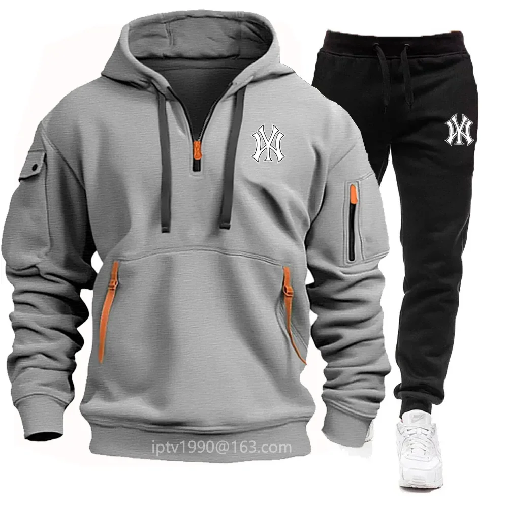 Men\'s new autumn and winter multi-pocket zipper long-sleeved hoodie + sports and leisure pants two-piece fitness jogging suit