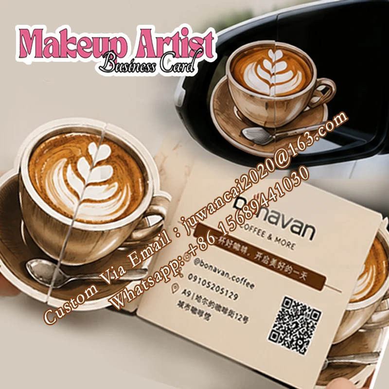 Custom Shape Foldable Coffee Cup Business Card Design Promotions Mirror Flyer Cards With Qr Code Printable Invitations Gift Card