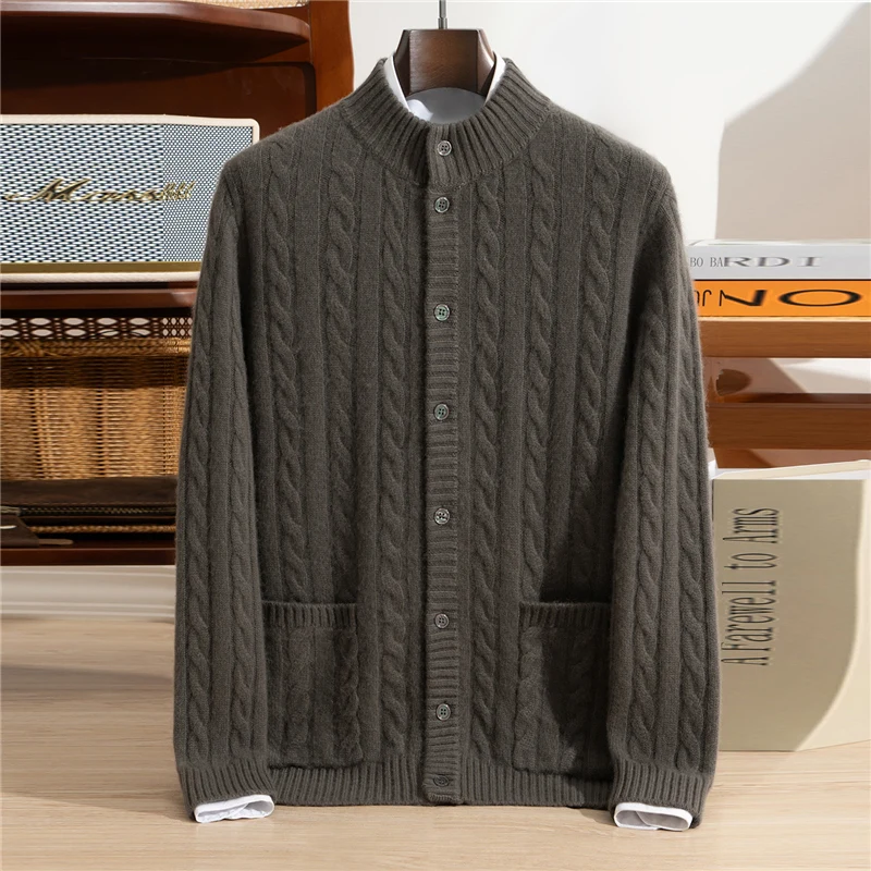 Men's 100% Cashmere Semi High Neck Cardigan Fashion Fried Dough Twists Knitting Jacket Winter Thickened Warm Coat Luxury Soft...