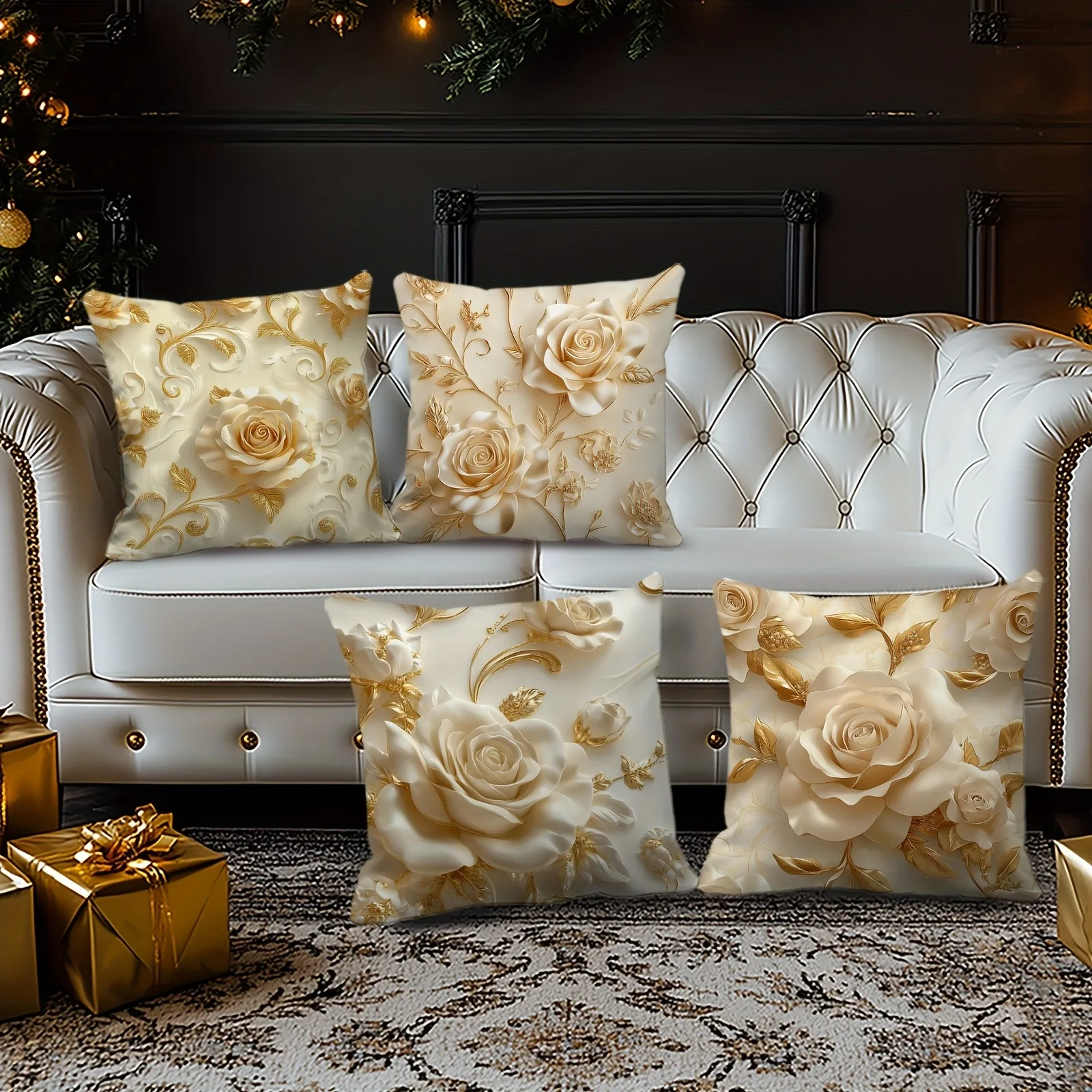 

Gilded Cream Rose Pillowcase: Luxury 3D-Effect Floral Cushion Cover for Home Sofa Decor