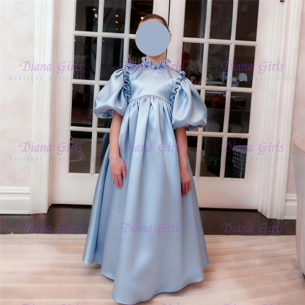 New Quality Gorgeous Flower Girl Dress Blue Satin Fluffy With Exquisite Bow Applique For Wedding Birthday Party Evening Gowns
