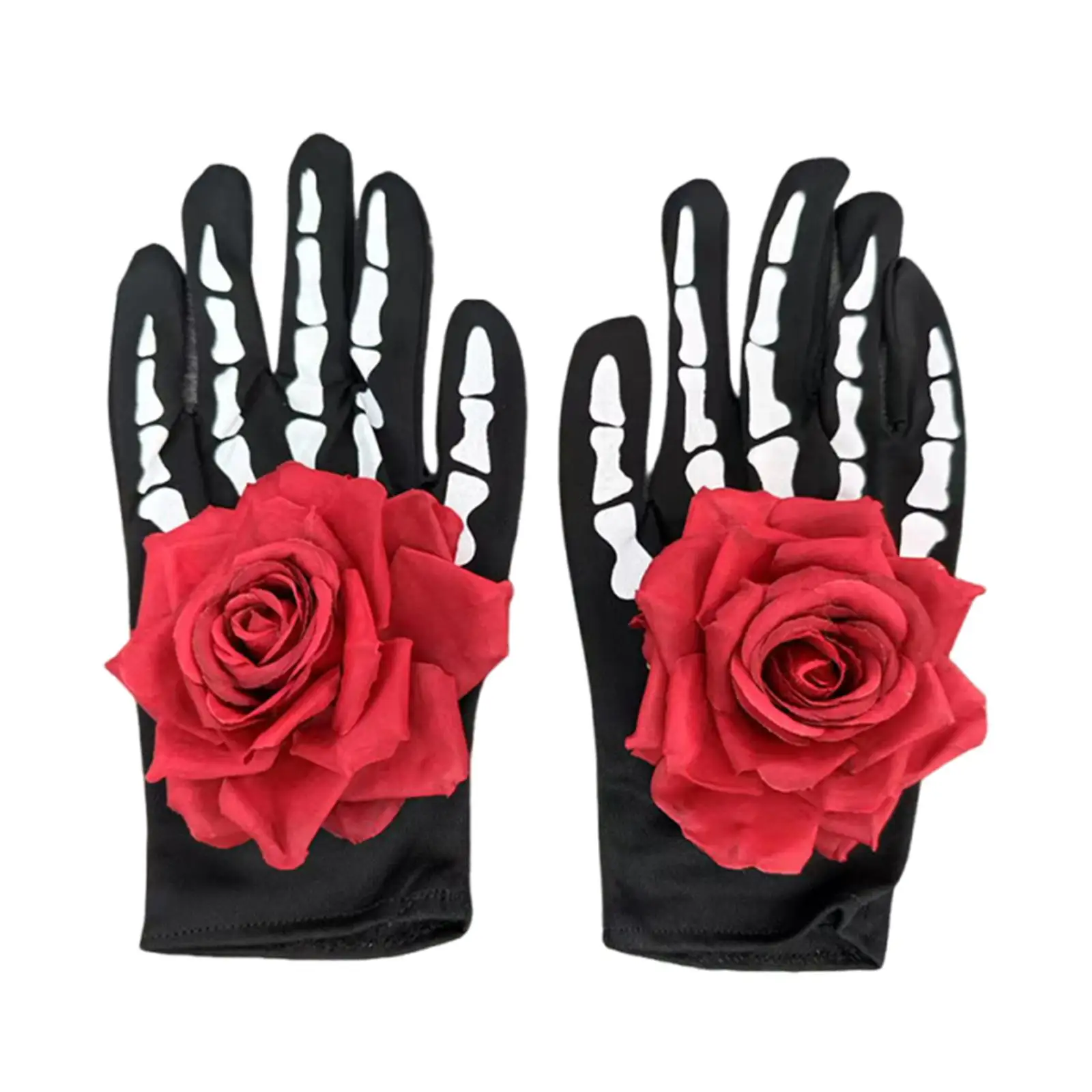 Halloween Skeleton Rose Gloves for Men Womenfor Adults Novelty White Printed Skeleton Bones Black Gloves Fancy Dress Handwear