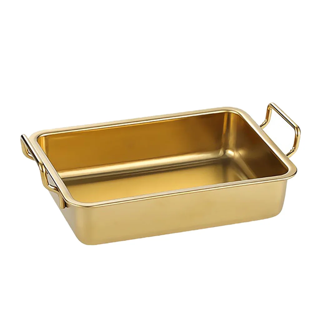 

1Pcs Double Ears Stainless Steel Square Food Tray Handle Design Practical Snacks Serving Plate Outdoor Bbq Dish