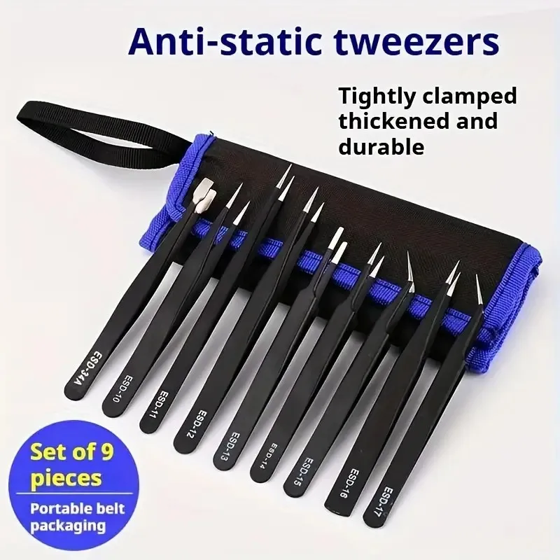 10-11 قطعة ESD الملقط الفولاذ المقاوم للصدأ الدقة مكافحة ساكنة أدوات إصلاح الصناعية الملقط للإلكترونيات لحام الحرفية