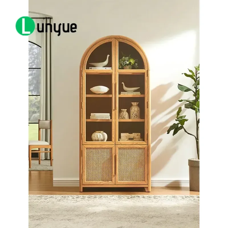 American Light Luxury Rattan Solid Wood Side Cabinet Arched Glass Door Retro Wine Storage Display Cabinet for Living Room