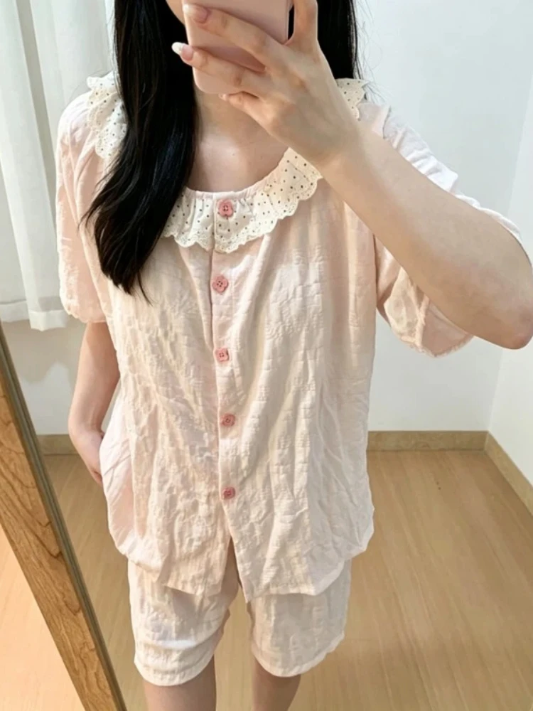 Damen Sommer-Cardigan-Pyjama-Set mit integriertem Brustpolster, Rundhalsausschnitt, Spitzenrüschen, süß, niedlich, für den Alltag, als Homewear oder Loungewear