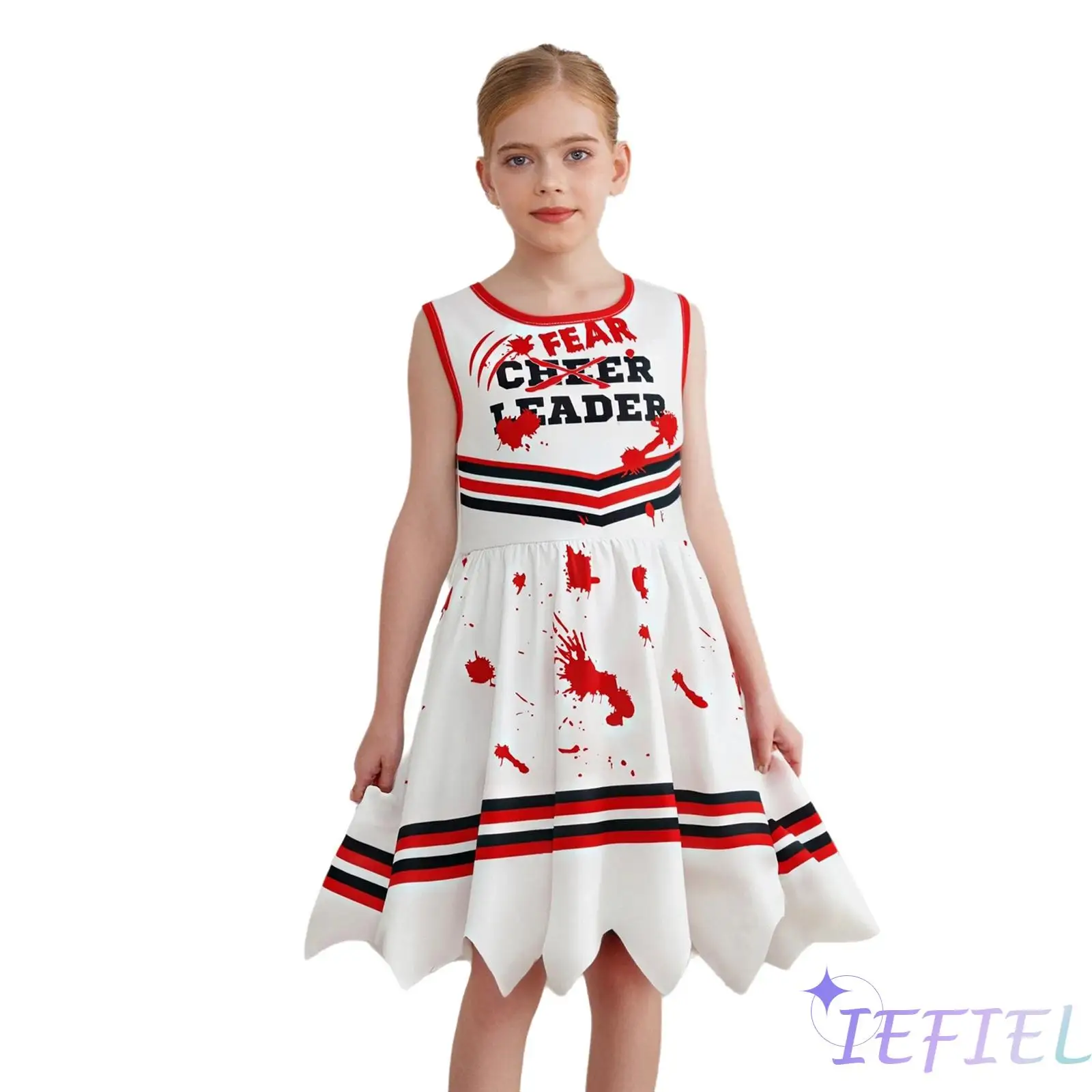 

Kids Girls Cheer Leading Cosplay Scary Bloody Dress Round Neck Sleeveless Ruffled Hem Skirt for Halloween Horror Themed Parties