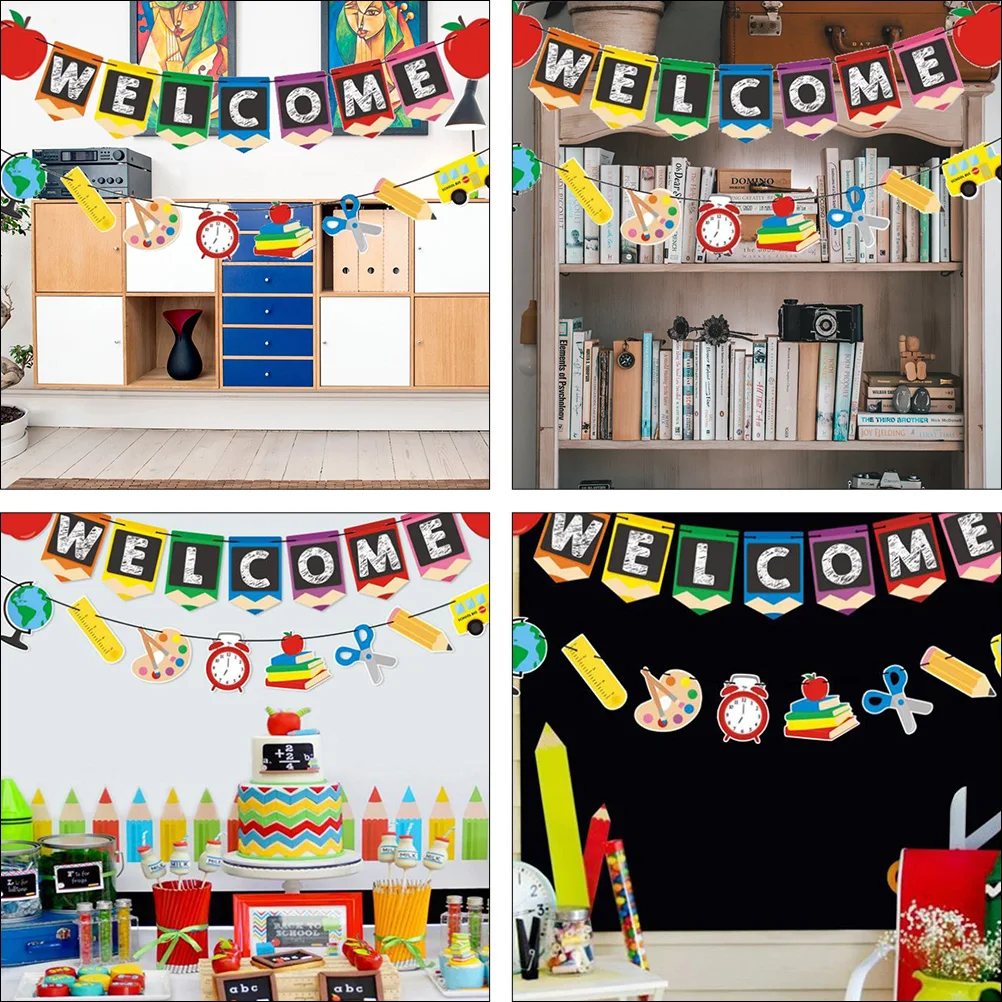 

2Pcs Back To School Flags Party Decoration Banner Quality Welcome Letters Classroom Wall Door Photo Teaching Tools