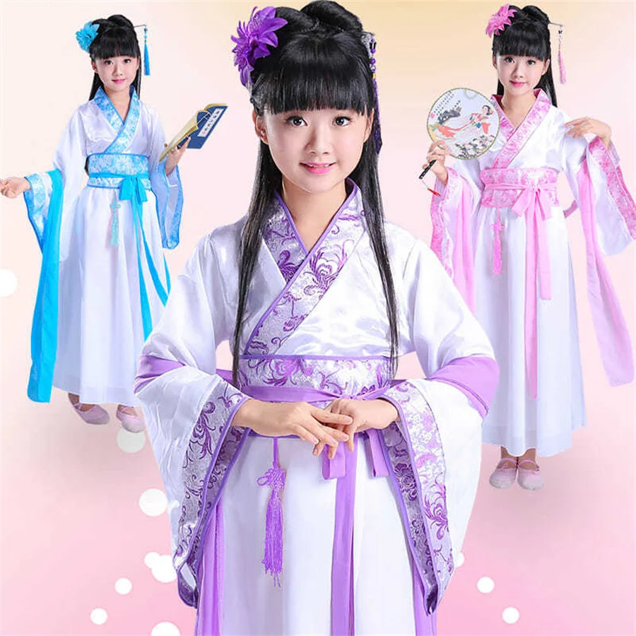 Chinese silk robe Costume Girls Children Kimono China Traditional Vintage Ethnic Fan Students Chorus Dance Costume Hanfu