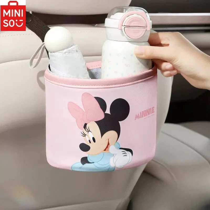 MINISO Disney Minnie Car Seat Garbage Storage Bucket Cartoon Mickey Winnie Bear Umbrella Water Cup Storage Bucket Car Decoration