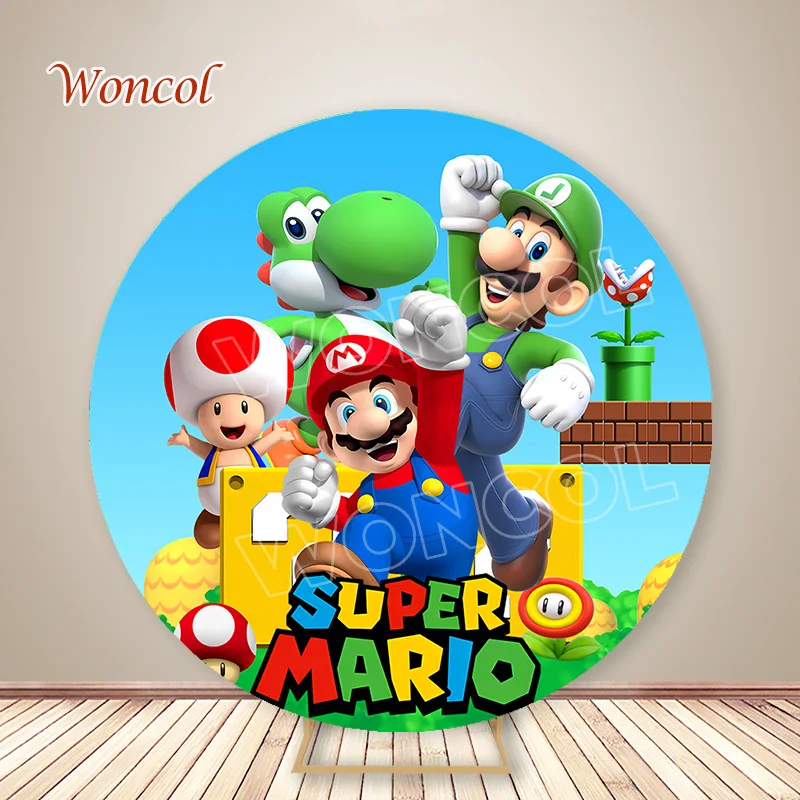 Super Mario Round Backdrop Mario Luigi Yoshi Background Toad Mario Piranha Plant Cylinder Cover Boy Birthday Party Decor Prop