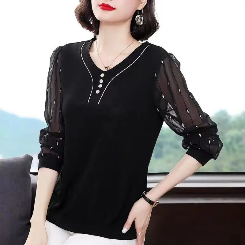 Mom's Spring Autumn Bottoming Shirt Women's New Round Collar Long Sleeved T-shirt Chiffon Spliced V-neck Top L-5XL
