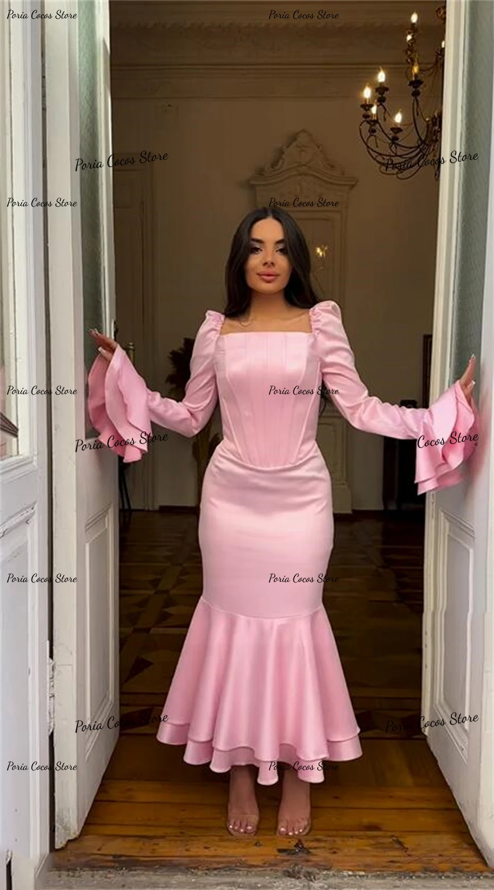 Customized Evening Dresses Square Neck Long Flare Sleeve Mermaid Dress Ankle-Length Satin Prom Gowe Pleat فساتين للحفلات الراقصة