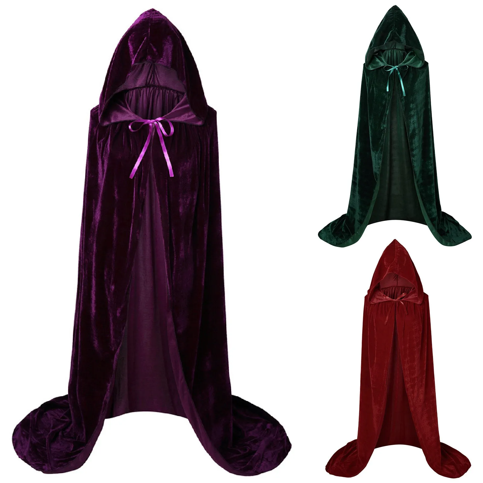 

Children Adult Halloween Velvet Cloak Cape Hooded Medieval Costume Witch Wicca Vampire Halloween Costume Long Dress 3 Color