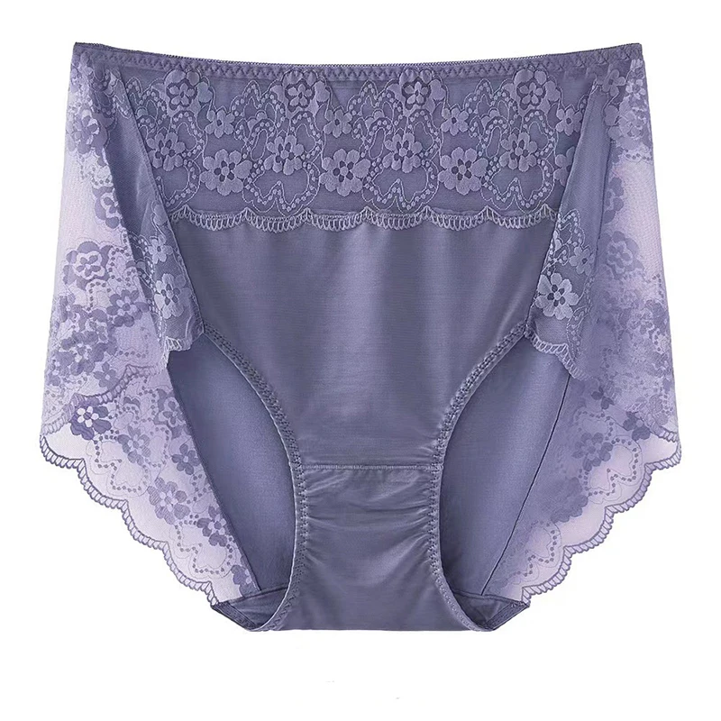 Plus Size Women's Panties Hollow Out Breathable Silk Satin Briefs Sexy Lace Elegant Lingerie High Waist Underwear 3XL