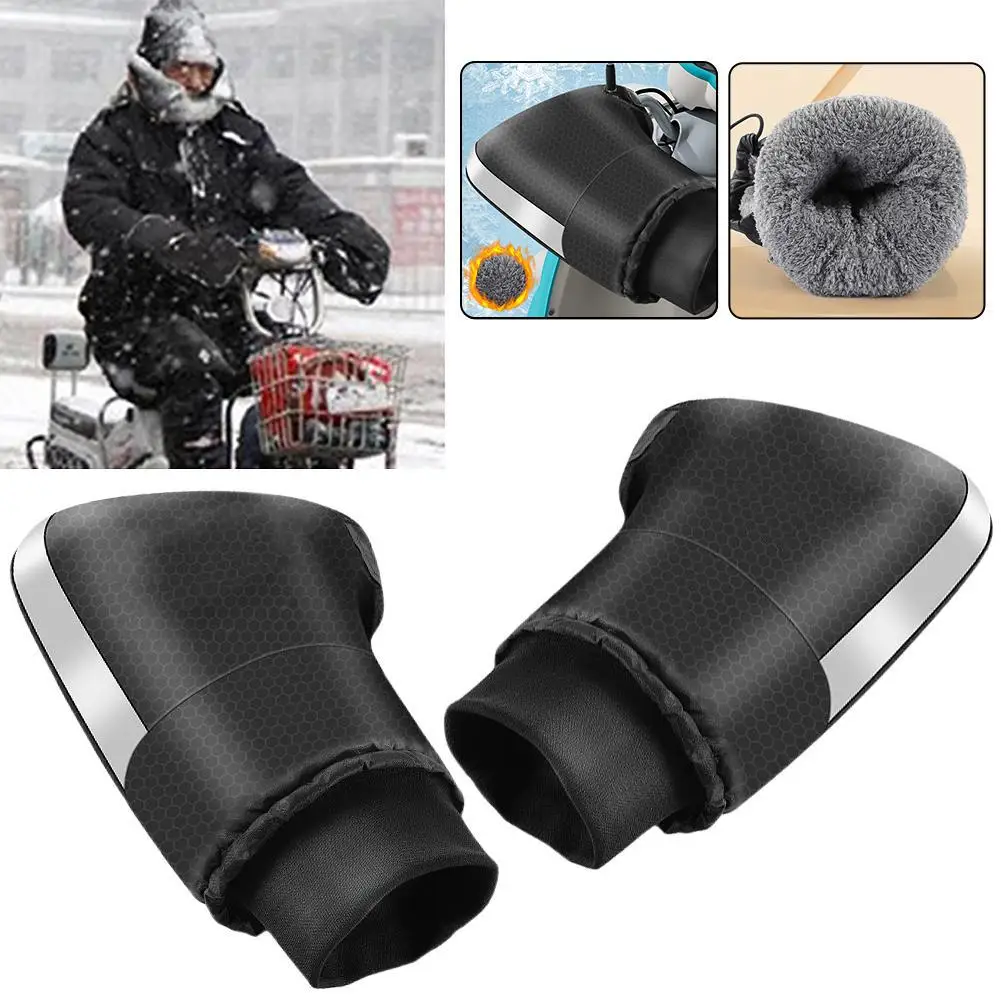 Winter Motorcycle Electric Bicycle Warm Handlebar Cover Waterproof Electric Thickened Cover Cotton Wool Handle Snowproof Wi H0F3