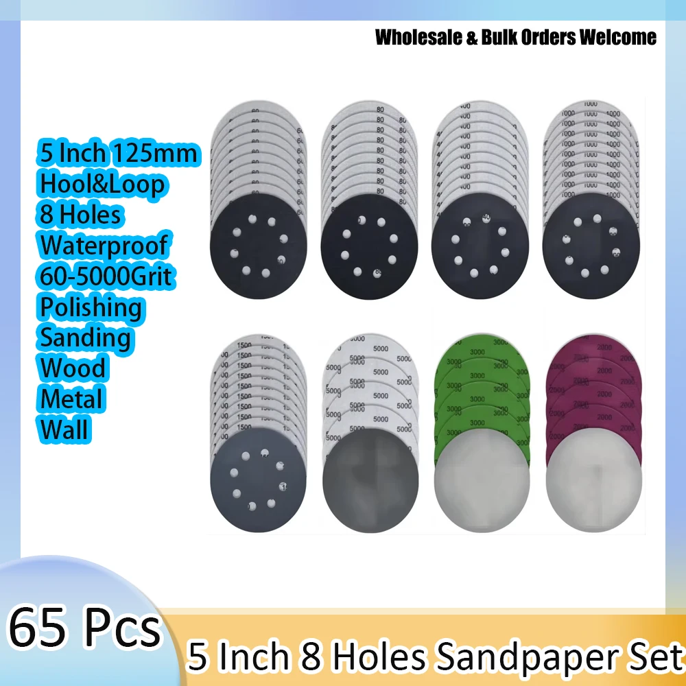 65PCS 5 Inch Sanding Discs Set 8-Hole& No-Hole Wet&Dry Sandpaper 60-5000 Grit Assorted Orbital Sander Pads for Wood Metal Polish