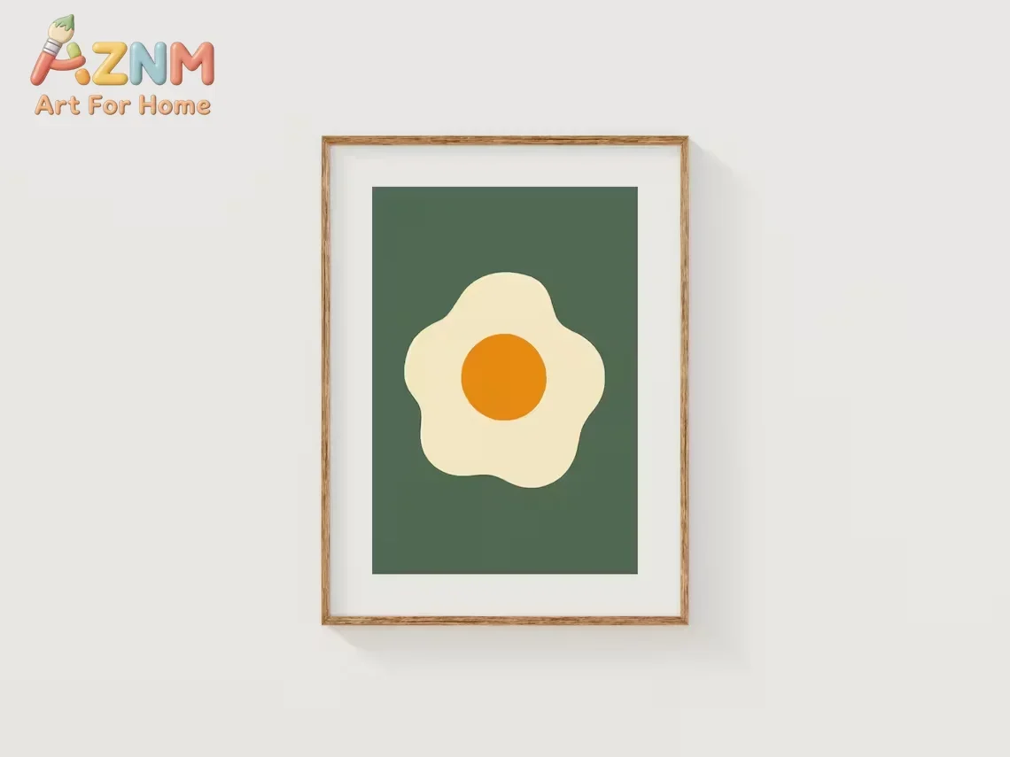 AZNM Frameless Canvas Wall Art Abstract Fried Egg Print Green Background Minimalist Kitchen Decor Poster Home Wall Artwork