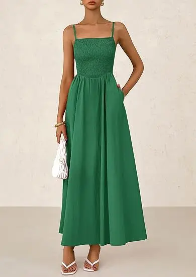 

Boho Beach Sundress Women Sexy Sleeveless Big Swing Long Dress Solid Spaghetti Strap Ruffles Dress Summer Vestidos Lady Robes