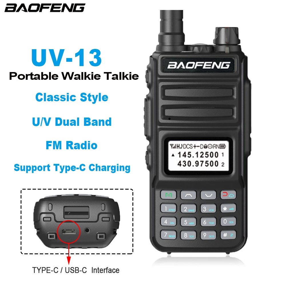 

UV-13 BAOFENG Classical Walkie Talkie BF-UV13 Portable Two Way Radios U/V Dual Band FM Radio Support Type-C Charging Interphone