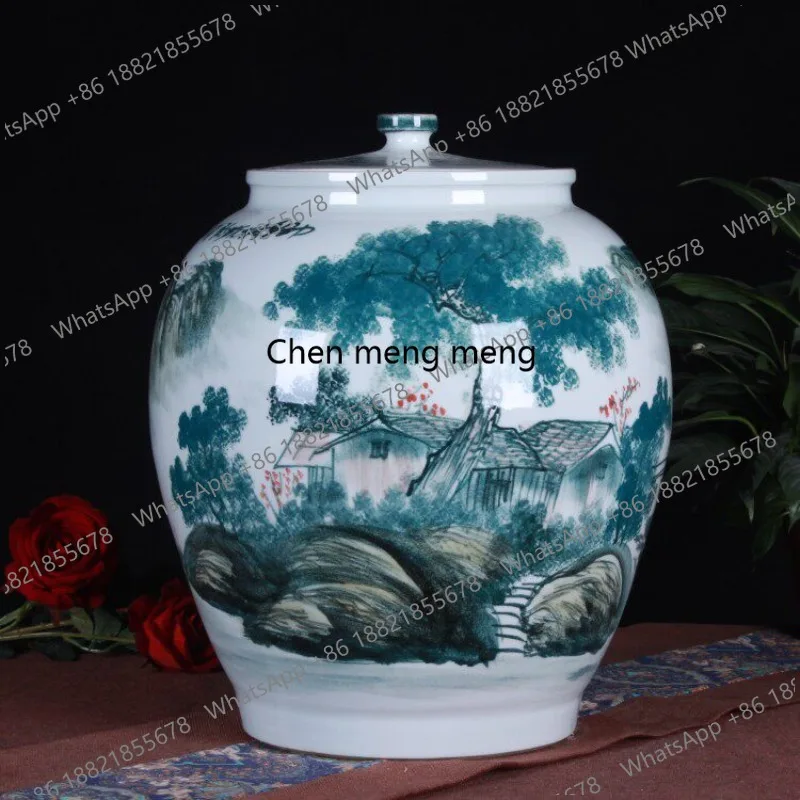 HR Hand-painted landscape ceramic blue and white rice tank household oil tank flour  tea can Chinese water tank