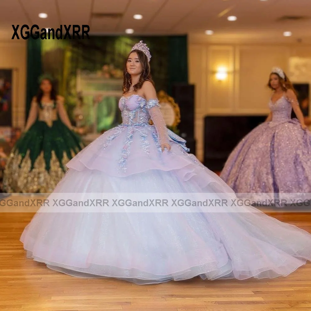 Vestido De baile De manga larga para quinceañera, traje azul claro, capa Floral 3D, México dulce 16, 15 Años De cumpleaños, 2024