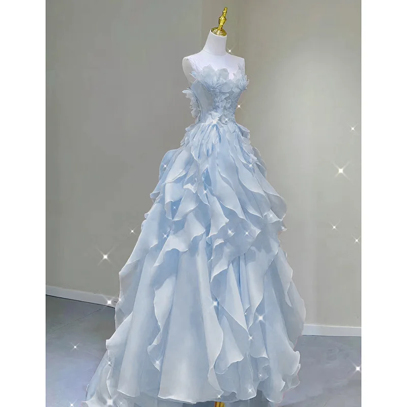 Blue Zipper Evening Dress 2025 Spring and Summer New Immortal Skincare Trend Banquet Art Exam Host Graduation Adult Dress