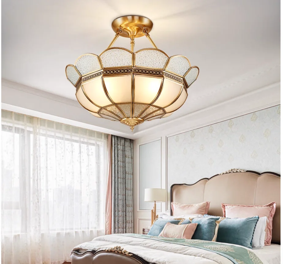 Modern Copper Glass Ceiling Light Semi-Flush Mounted Copper Ceiling Lamp Living Room Indoor E27 De Candle Style Ceiling Lighting