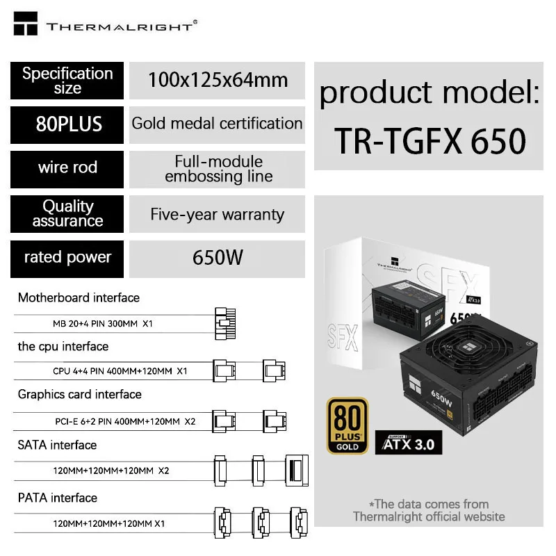 Imagem -03 - Medalha de Ouro Fonte de Alimentação de Mesa 750w Módulo Completo 850w 550w Sfx Pequeno Computador Anfitrião Itx Thermalright-tgfx650w