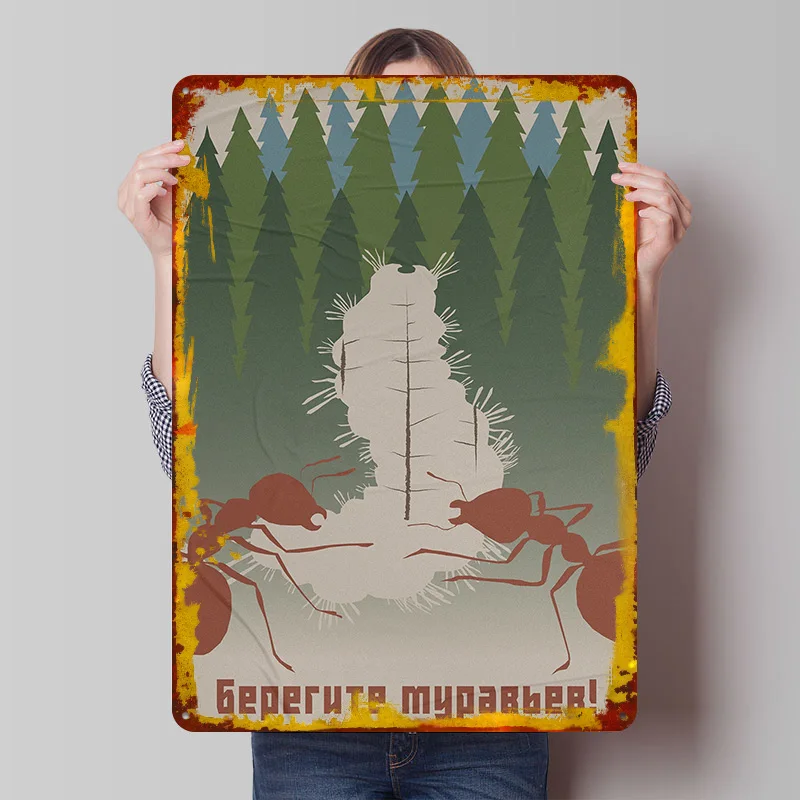 Take Care of the Ants' Soviet Poster Customized Wall Art Vintage Metal Signs Retro Tin Plaque for Man Cave Room Decor Men Home