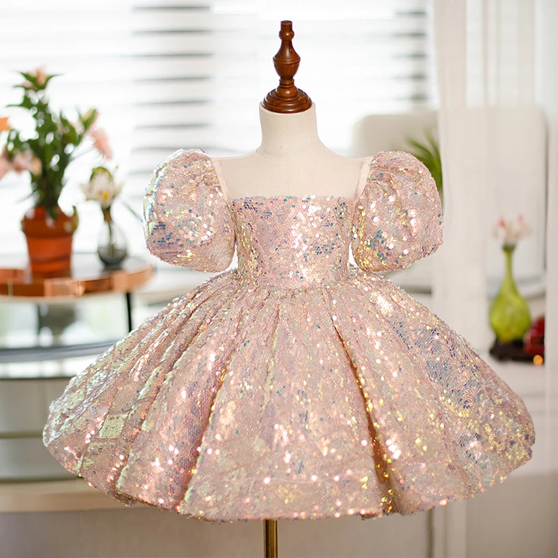 Toddler Girls Party Birthday Sequin Dresses for Pageant Short Evening Gowns Kids Princess Champagne Luxury Gala Dress Children