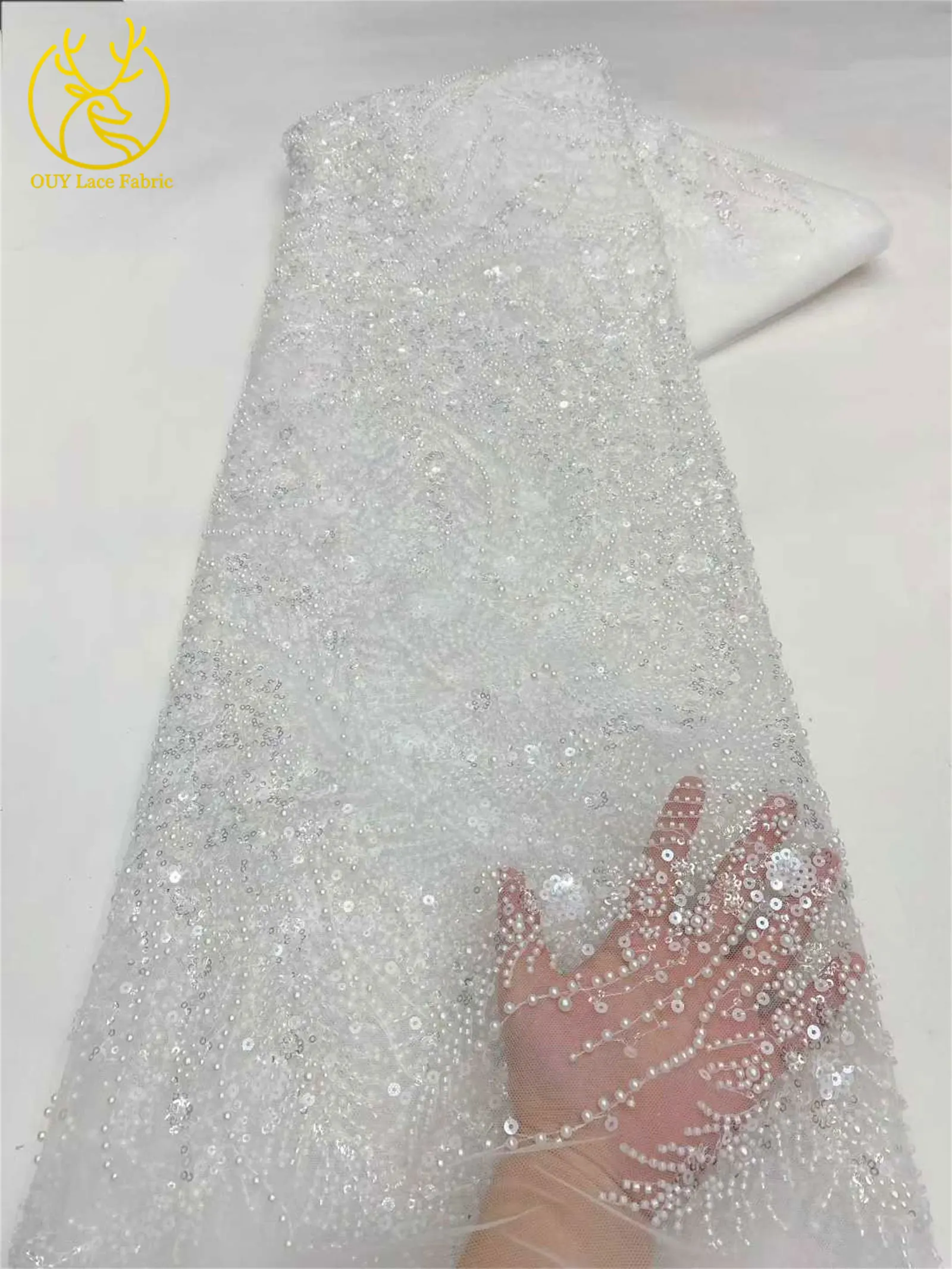 2026 Luxuriöser, zarter Netzstoff mit Perlenstickerei, 5 Yards, eleganter, hochwertiger afrikanischer Spitzenstoff für Hochzeits- und Abendkleider zum Nähen – Detail 16