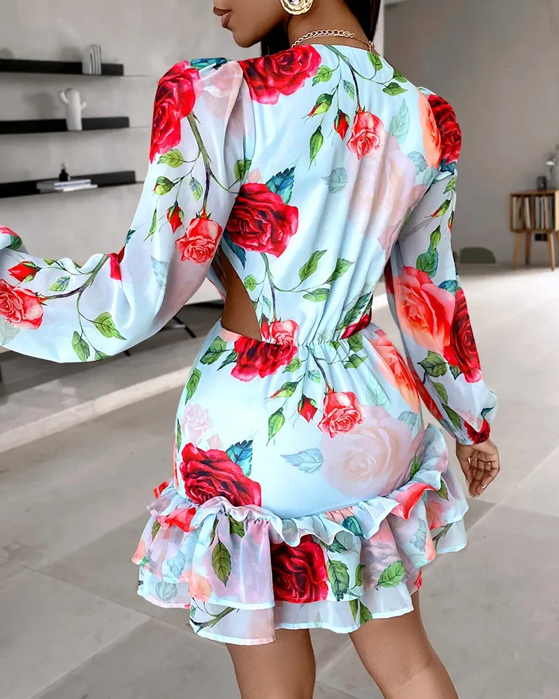 Vestido de manga comprida floral feminino oco, Mergulhe com decote em v, babados em camadas, mini vestido, linha A, Praia, Feriado, Verão