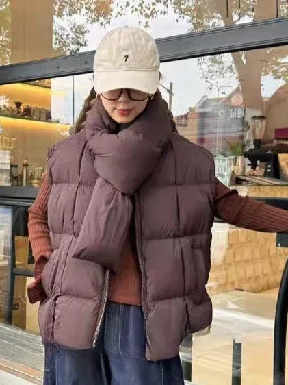 

Осенне-зимний женский пуховый жилет, свободный пригородный жилет с шарфом и воротником