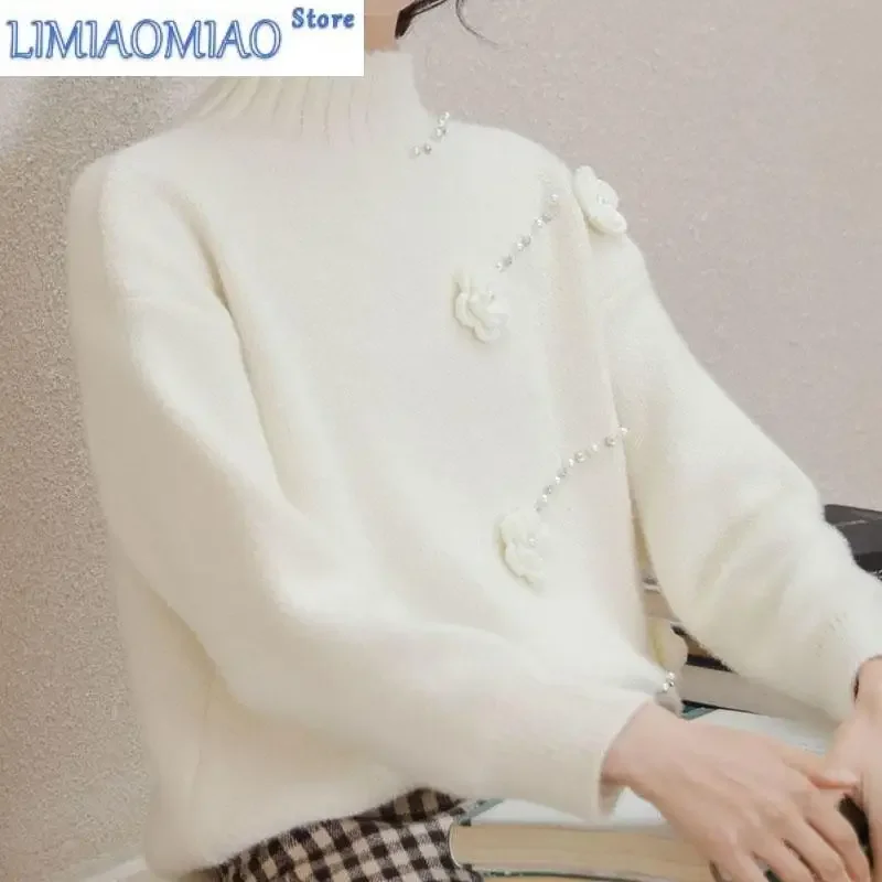 

New Autumn and Winter Fashion Design Sense Mink Fleece 3D Flower Half High Collar Versatile Western Style Slim Women's Sweater