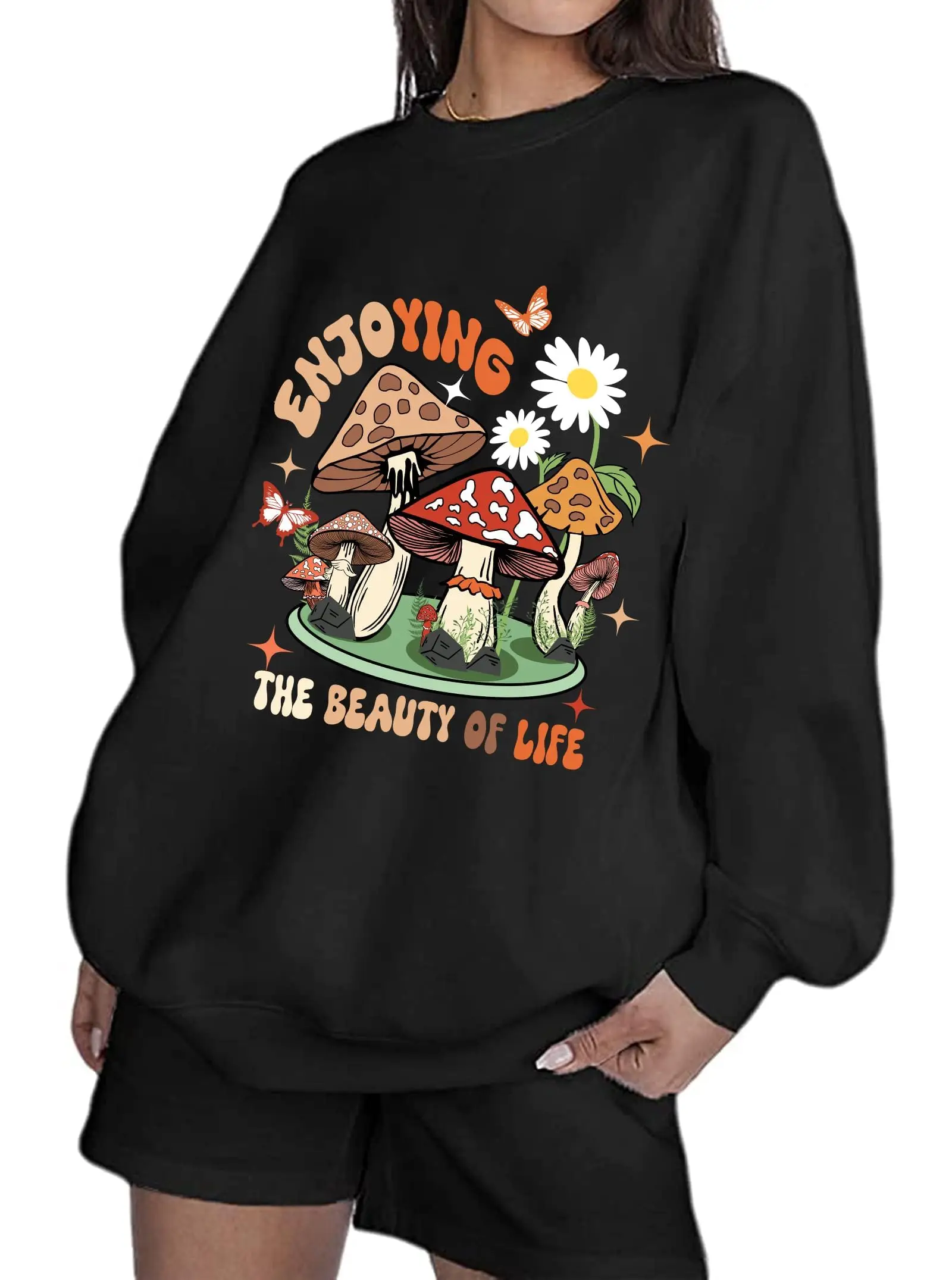 Women's Sun and Moon Patterned Sports Shirt Long Sleeved Pullover Top with Black Mushroom Print Pattern Clothing Fashion Trend