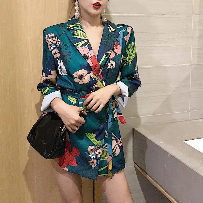 New Fashion Trend Women Print Flower Long Sleeves Suit Jacket Elegant Autumn Winter Office Lady Cardigan Coat Casual Streetwear