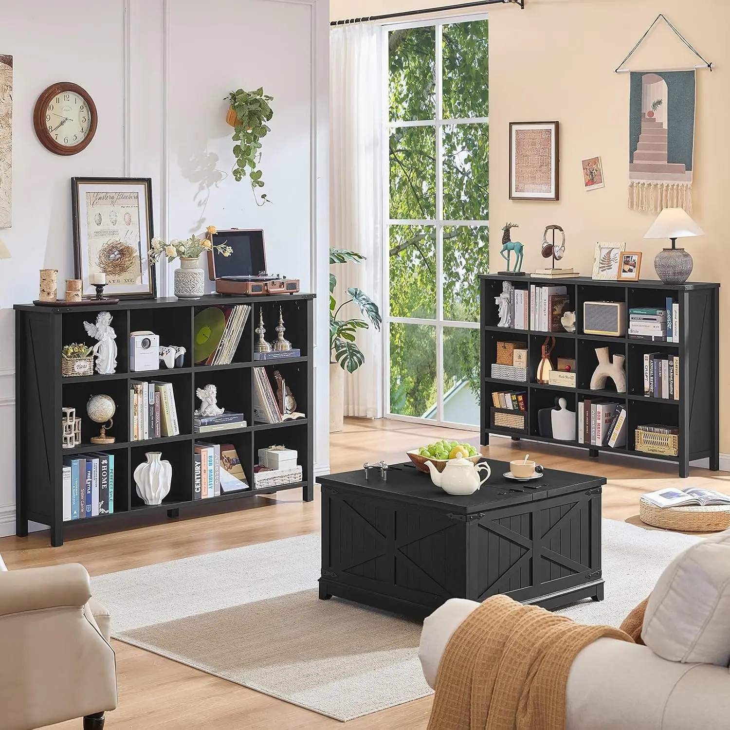 12 Cube Storage Organizer, Farmhouse 62 Inch Wide Black Oak Display Bookshelf, Wooden 3 Tier Large Open Book Shelf,, Customized