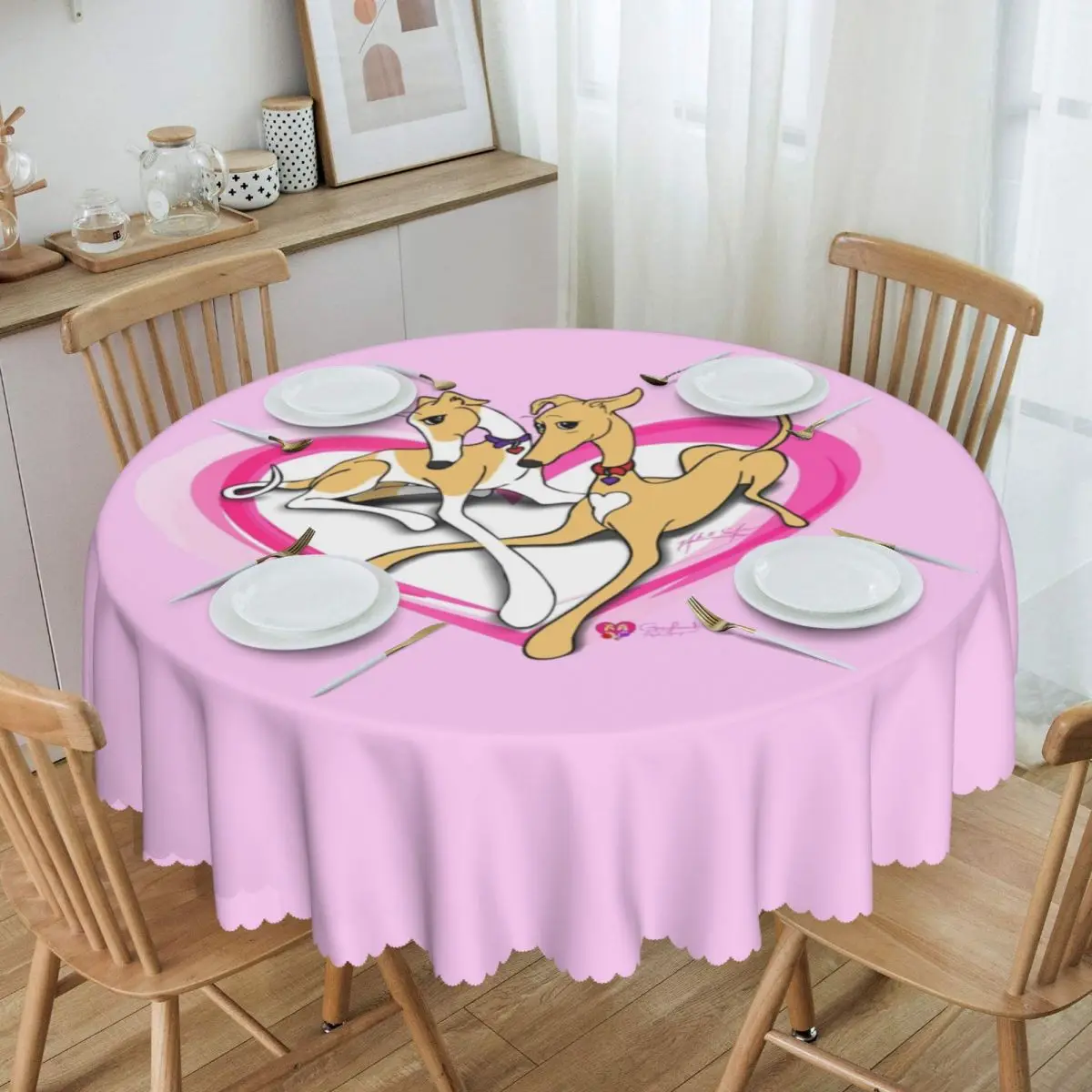 Round Waterproof Heart Hounds Sighthound Table Cover Greyhound Whippet Dog Tablecloth for Dining 60 inches Table Cloth