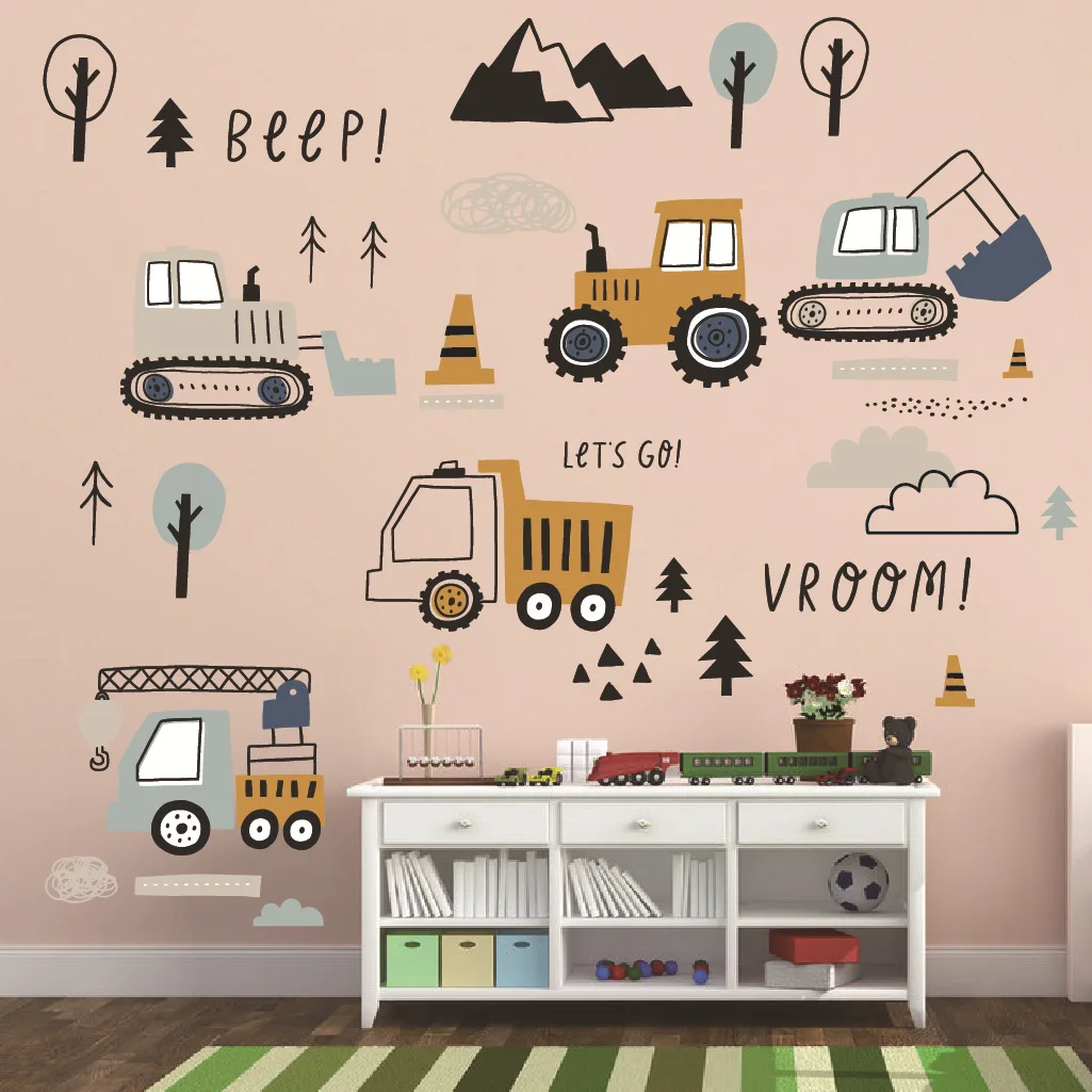 

Cartoon Engineering Vehicles Wall Door Stickers Excavator Construction Truck Car Window Sticker Kids Favor Bedroom Decoration