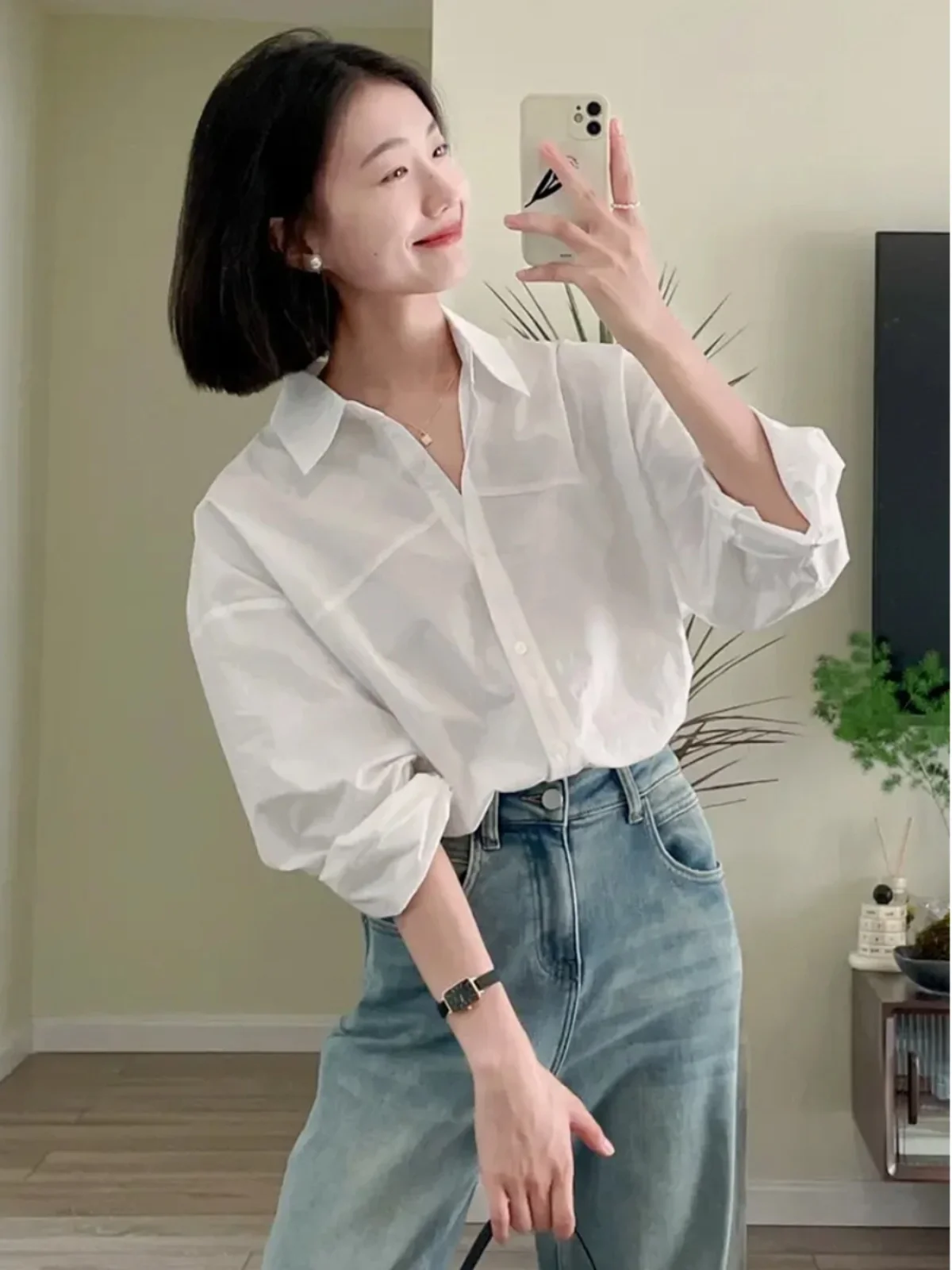 

Elegant White Shirt Women's Casual Long Sleeve Spring Autumn Fashionable Female Top Korean Style Loose Fit Collar