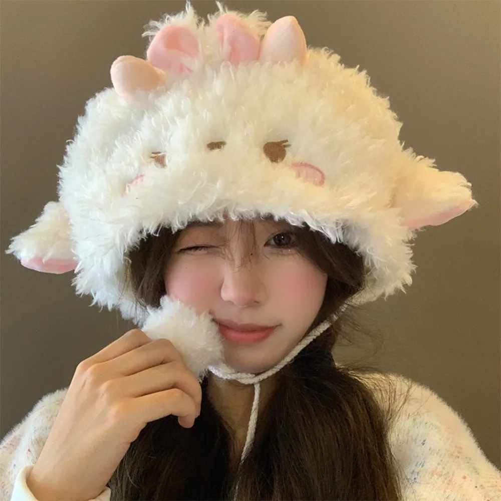 Ear Bucket Hat Fluff Plush Pullover Hat Keep Warm Pink White Dome Hat Women Ear Protection Winter